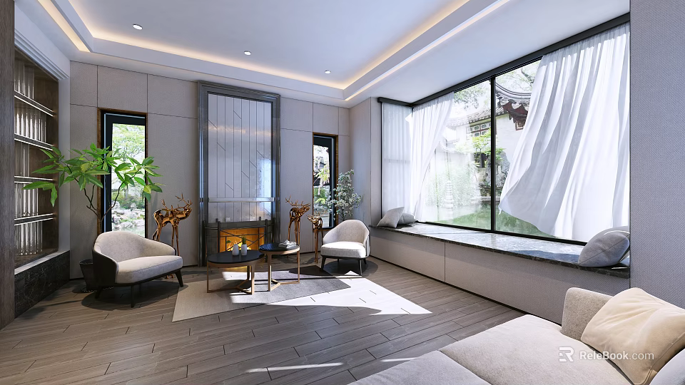 Elegant Bright Modern Living Room Interior With Large Floor Window Soft Seats And Warm Fireplace 3d model 