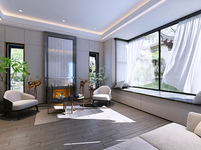 Elegant Bright Modern Living Room Interior With Large Floor Window Soft Seats And Warm Fireplace 3d model