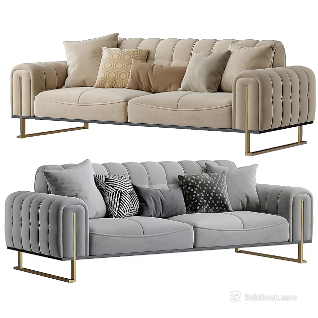 Beige And Gray Two Seater Velvet Sofa With Channel Tufted Arms Gold Legs And Pillows 3d model 