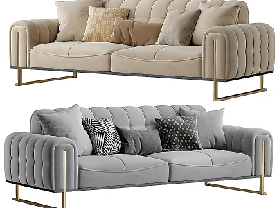 Beige And Gray Two Seater Velvet Sofa With Channel Tufted Arms Gold Legs And Pillows 3d model