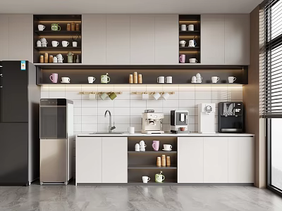 Modern Break Room Interior With Cabinets Counter Coffee Machine Mugs And Refrigerator 3d model