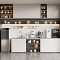 Modern Break Room Interior With Cabinets Counter Coffee Machine Mugs And Refrigerator
