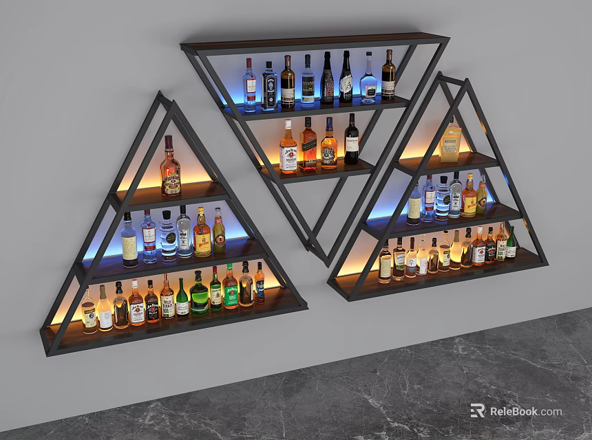 Modern Triangular Wine Rack With Multi Tiered Shelves Blue LED Lighting Displaying Various Liquor Bottles 3d model