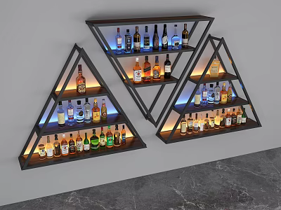 Modern Triangular Wine Rack With Multi Tiered Shelves Blue LED Lighting Displaying Various Liquor Bottles 3d model