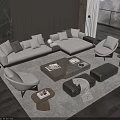 Modern Elegant Living Room Sofa And Coffee Table Set With Accent Chairs Rug Floor-to-Ceiling Windows