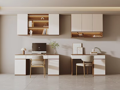 Minimalist Modern Home Office Desks With Computer Lamp Plant And Wall Cabinets 3d model