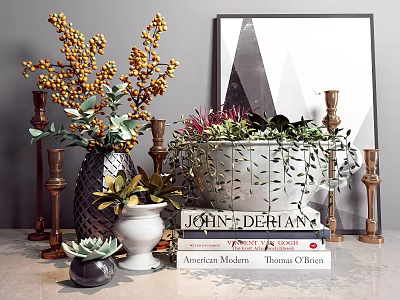 Decorative Ornament Set with Vase Plants Candle Holders Books and Photo Frame 3d model