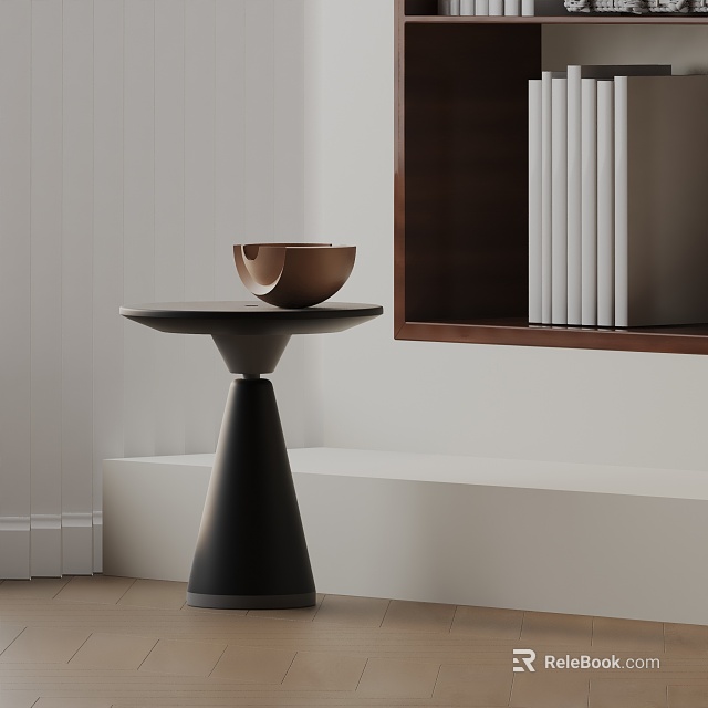 Modern Black Pedestal Side Table With Round Top Brown Bowl Wooden Shelf And Light Wall 3d model 