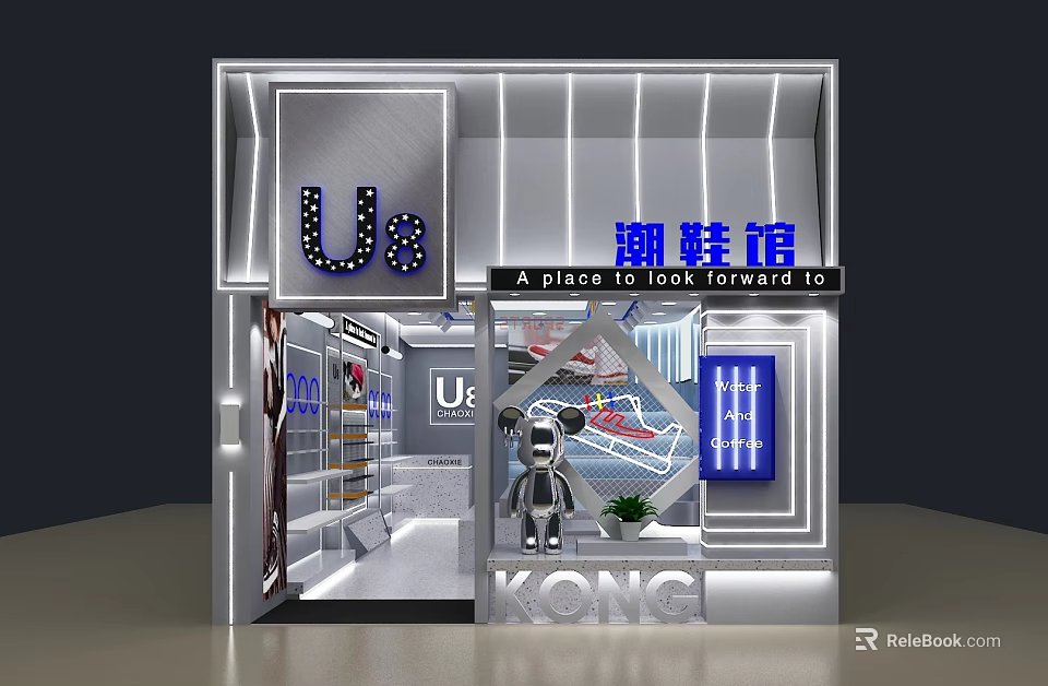 U8 KONG Trendy Shoes Mall Store With Modern Neon Lights And Shoe Displays 3d model 