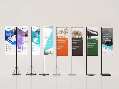 Multiple Colorful Roll Up Banners With Various Designs Standing On White Background 3d model