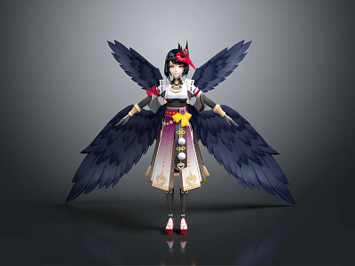 Fantasy Female Character With Large Black Avian Wings And Traditional Ornate Outfit Design 3d model