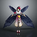 Fantasy Female Character With Large Black Avian Wings And Traditional Ornate Outfit Design