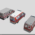 Three Different Ambulance Functional Vehicles With White Red Blue Design And Medical Cross