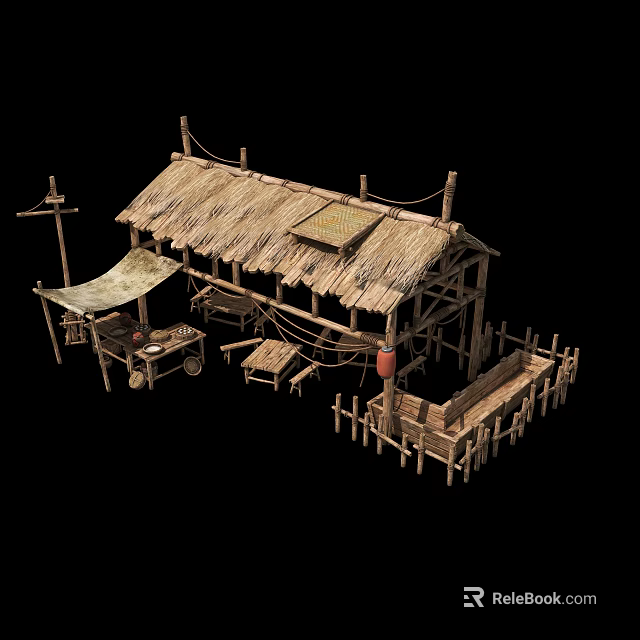 Cartoon Scene Featuring Vintage Wooden Hut With Thatched Roof Wooden Fence Table And Cart 3d model 