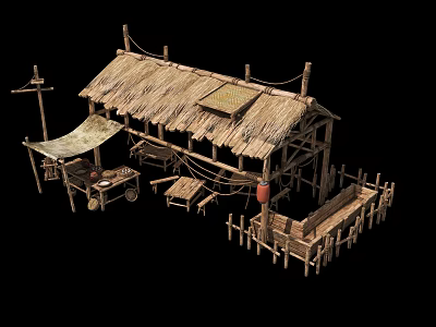 Cartoon Scene Featuring Vintage Wooden Hut With Thatched Roof Wooden Fence Table And Cart 3d model
