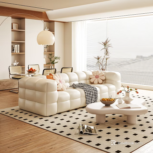 Modern Living Dining Room Interior With White Modular Sofa Black White Rug And Coffee Table 3d model 