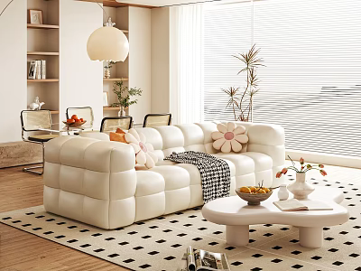 Modern Living Dining Room Interior With White Modular Sofa Black White Rug And Coffee Table 3d model