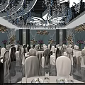 Elegant Banquet Hall Interior With White Chairs Table Settings Floral Decorations And Reflective Floor