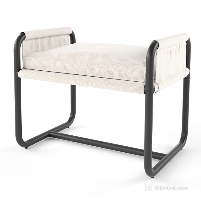 Modern Ottoman with Black Metal Frame Beige Padded Seat and Armrests 3d model 