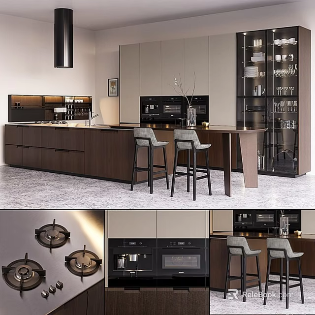 Modern Kitchen Interior With Dark Wooden Cabinets Island Counter And Appliances 3d model 