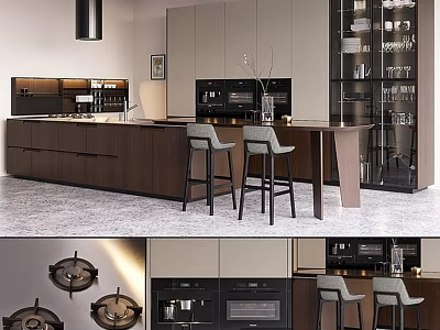 Modern Kitchen Interior With Dark Wooden Cabinets Island Counter And Appliances 3d model