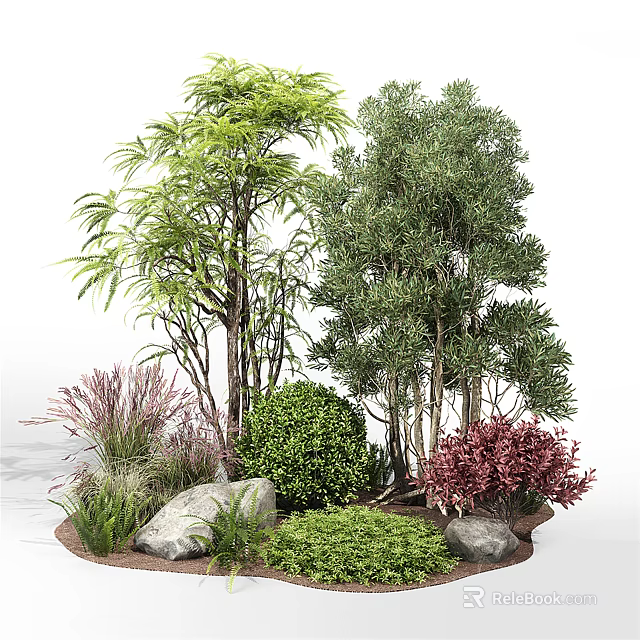 Lush Green and Red Bushes with Trees Grass and Stones in Garden Landscape 3d model 