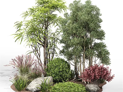 Lush Green and Red Bushes with Trees Grass and Stones in Garden Landscape 3d model