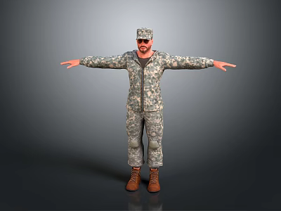 Man in military camouflage uniform stands with arms outstretched wearing brown boots against gray background 3d model