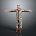 Man in military camouflage uniform stands with arms outstretched wearing brown boots against gray background