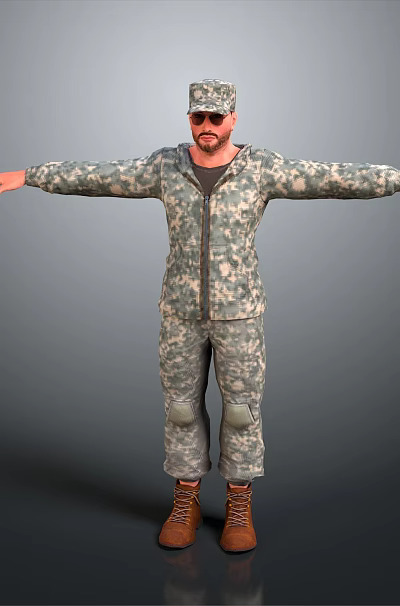 Man in military camouflage uniform stands with arms outstretched wearing brown boots against gray background 3d model
