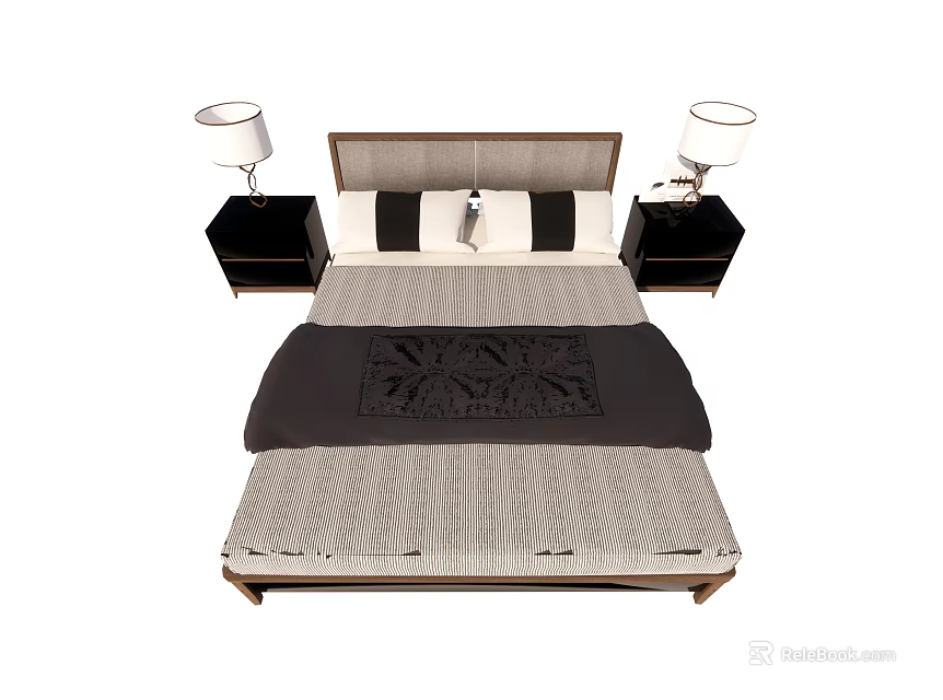 Modern Double Bed With Nightstands Table Lamps Pillows And Patterned Bedspread 3d model