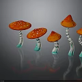 Five Red Mushroom Figurines With White Spots On Caps White Stems And Blue Bases