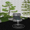 Karesansui Zen Garden With Pine Tree Rocks Waterfall Green Moss And Gray Wall