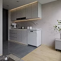 Modern Kitchen Interior With Sleek Gray Cabinets Countertop Appliances And Strip Lighting