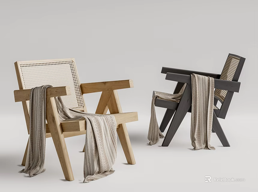 Stylish Contrasting Leisure Chairs with Woven Backrest Wooden Frame and Blankets 3d model 