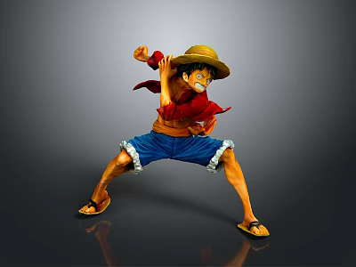 Anime Character Action Figure With Straw Hat Red Shirt Blue Shorts In Fighting Pose 3d model