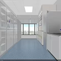 Bright Laboratory Interior With White Cabinets Glass Door Storage And Blue Flooring