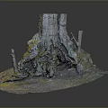 Natural Tree Stump with Exposed Roots and Green Moss on Forest Ground