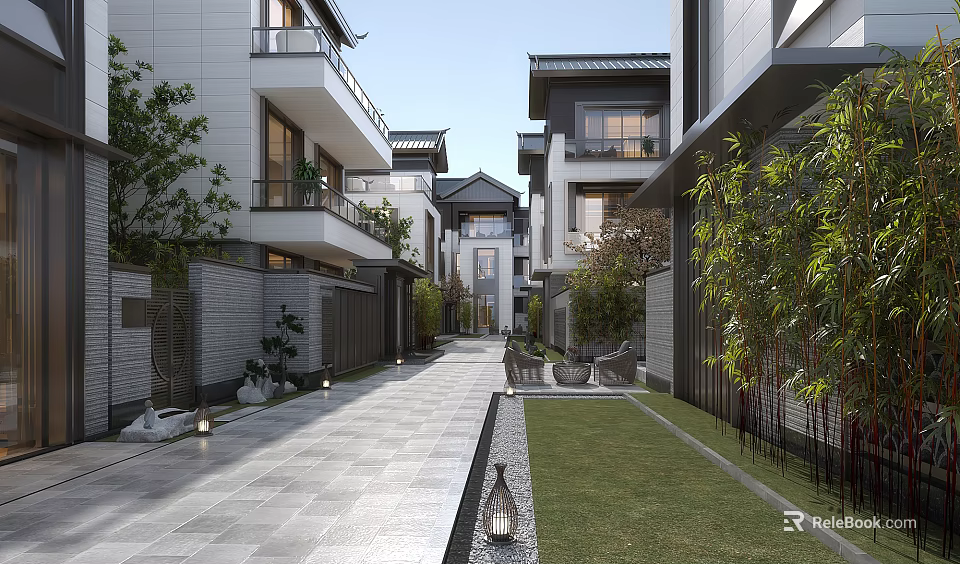 Modern Detached Villa With Courtyard Stone Path Lawn And Lantern Decoration 3d model 
