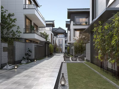 Modern Detached Villa With Courtyard Stone Path Lawn And Lantern Decoration 3d model