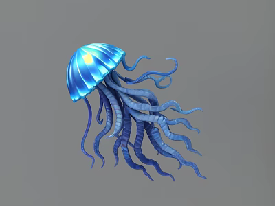 Vibrant Blue Jellyfish with Illuminated Bell and Long Curved Tentacles in Ocean 3d model