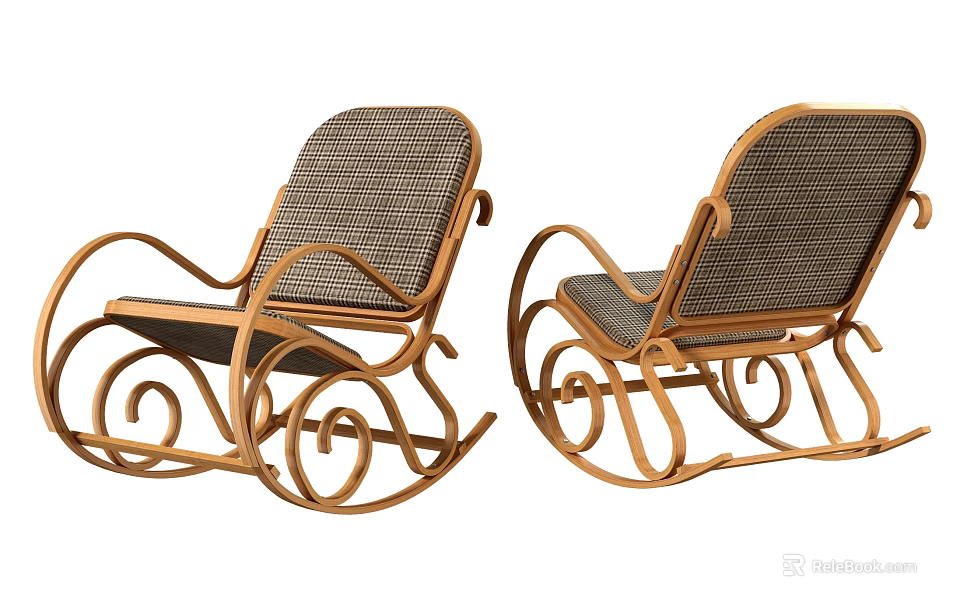 Comfortable Leisure Rocking Chair With Wooden Curved Frame And Rattan Seat Design 3d model 