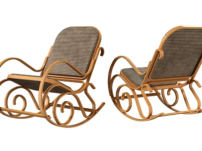 Comfortable Leisure Rocking Chair With Wooden Curved Frame And Rattan Seat Design 3d model