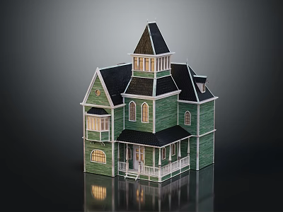 Two Story Detached Villa With Green Exterior White Trim Gabled Roof And Front Porch 3d model