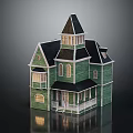Two Story Detached Villa With Green Exterior White Trim Gabled Roof And Front Porch