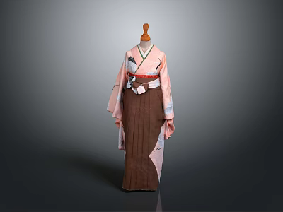 Elegant Pink Kimono Design With Brown Belt And Decorative Details 3d model