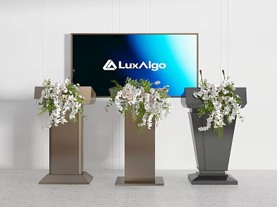 Three Modern Podiums With LuxAlgo Screen And Decorative Flower Arrangements 3d model