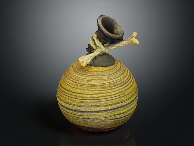 Handcrafted Pottery Jar With Yellow Black Spiral Stripes And Twisted Rope Knot Top Decoration 3d model