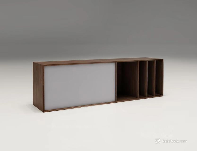 Modern Walnut TV Stand with White Panel and Open Storage Compartments 3d model 