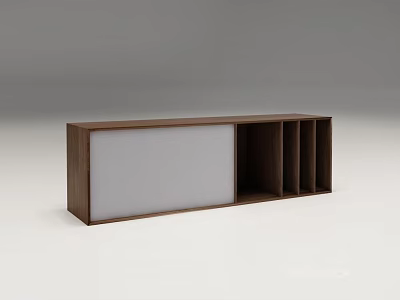 Modern Walnut TV Stand with White Panel and Open Storage Compartments 3d model